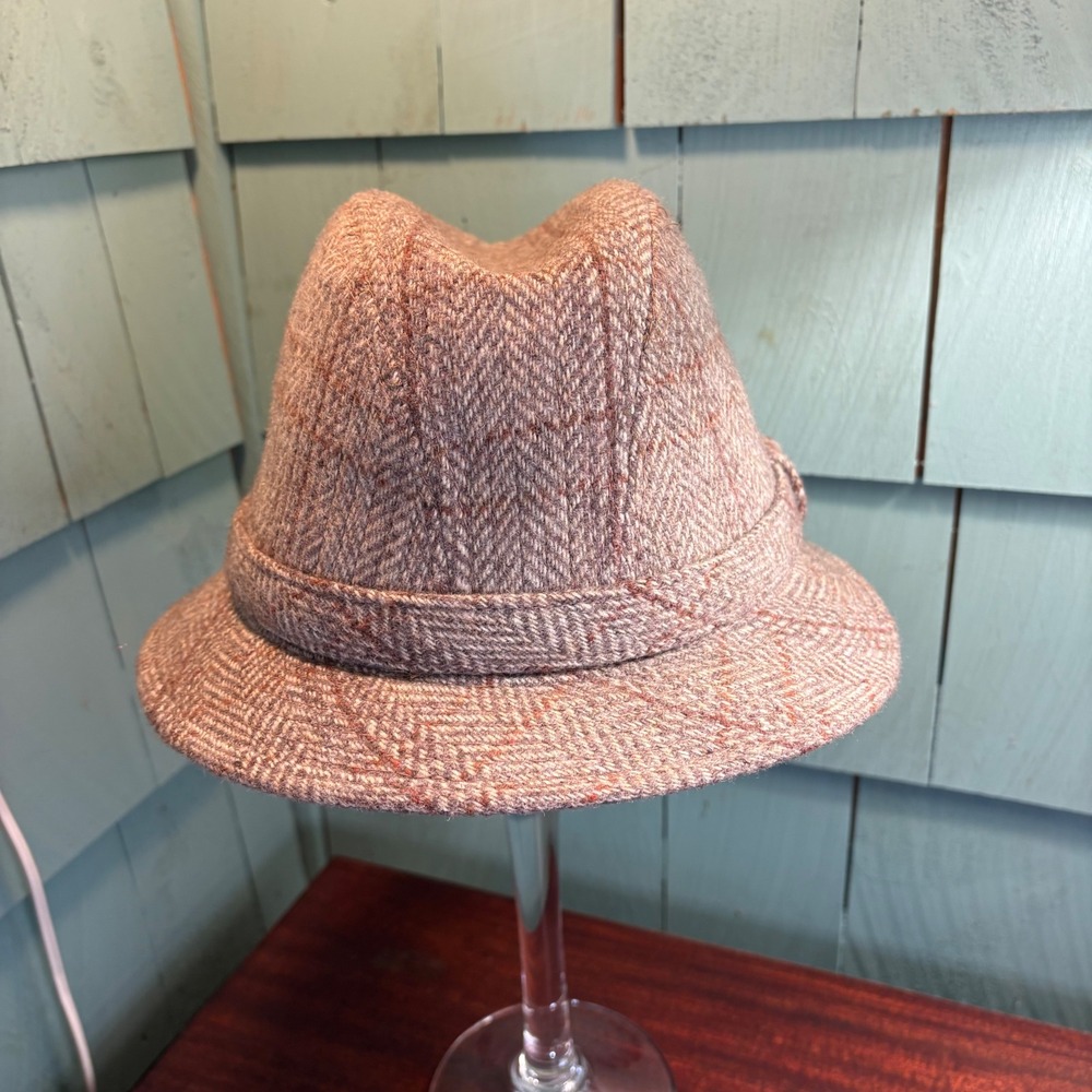 Vintage Brown‎ Herringbone Fedora Hat Mens Small Tweed Plaid Wool Blend
